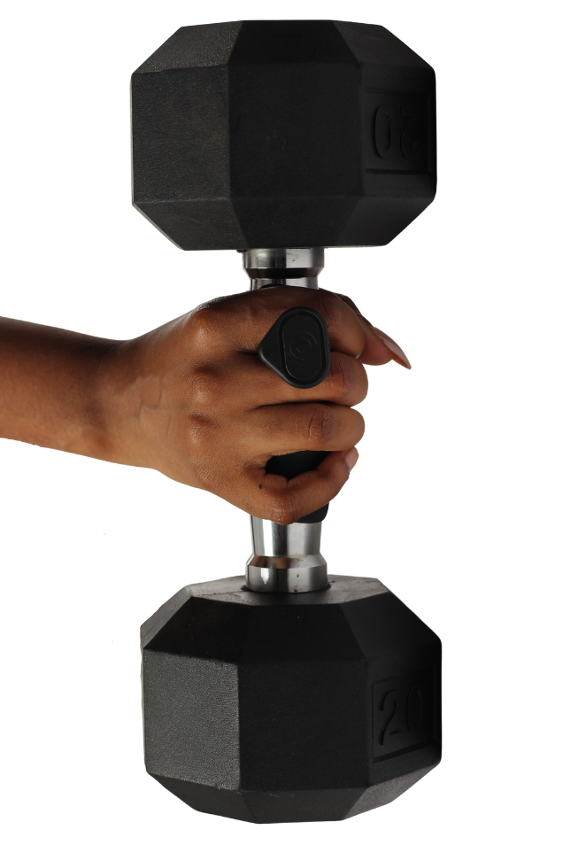 Hand holding a black dumbbell on a white background